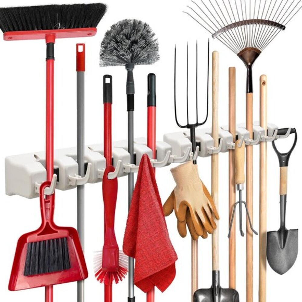 Mop and Broom Holder Wall Mount 2 Pack‎ Garage Storage Organizer with 5 Slots